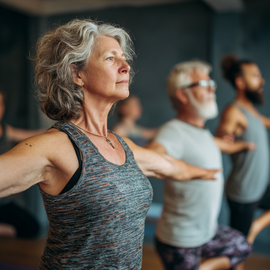 Older adults in yoga class focusing on balance and core stability exercises